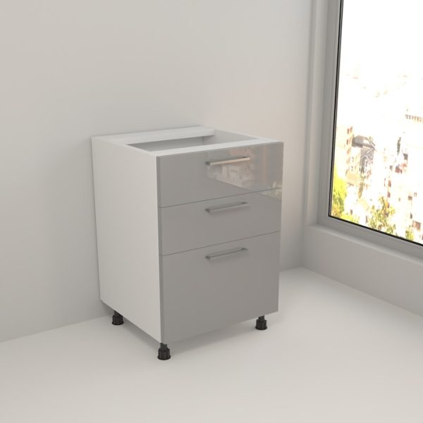 Corp Inferior Komodo Melania 3 sertare, glisiere tandem cu amortizare, 500x510x820 mm, MDF Gri Lucios/Pal Alb 18mm-MI16